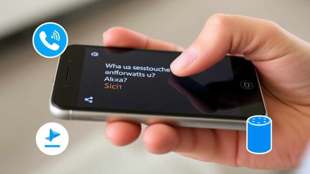 Person tippt eine Frage in ein Smartphone für die Sprachsuche, um Informationen zu erhalten, umgeben von Symbolen von Sprachassistenten wie Siri und Alexa.