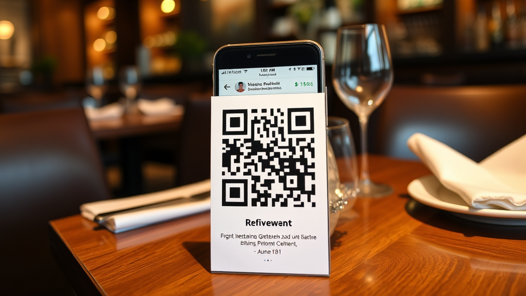 QR-Code auf einem Tisch-Aufsteller in einem Restaurant, um Kunden zur schnellen Abgabe von Bewertungen über ihr Smartphone zu animieren.
