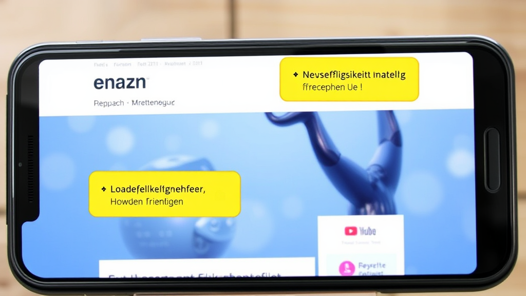 Screenshot einer Website, die auf einem mobilen Gerät angezeigt wird, mit hervorgehobenen Bereichen für Nutzerfreundlichkeit und Ladegeschwindigkeit.