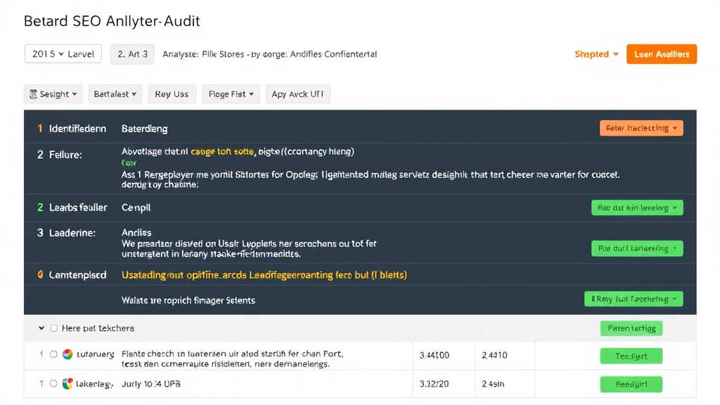 Screenshot eines technischen SEO-Audit-Tools, das eine Website-Analyse mit identifizierten Fehlern, Ladezeiten und mobilen Optimierungshinweisen zeigt.