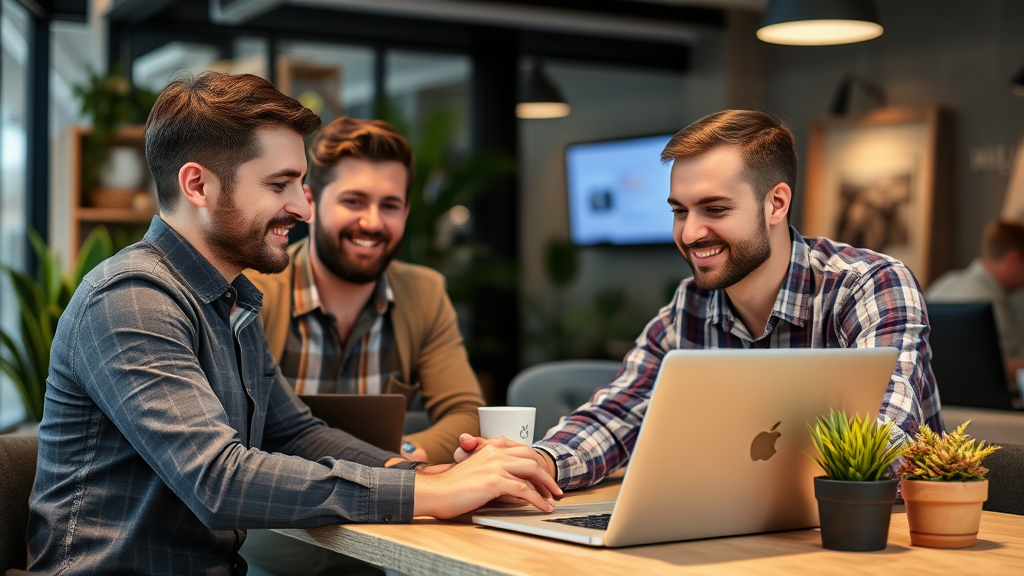 Start-up-Büro mit Mitarbeitern am Laptop, optimierend ihr Google My Business-Profil und gemeinsam an einer Strategie für lokale SEO Arbeiten.