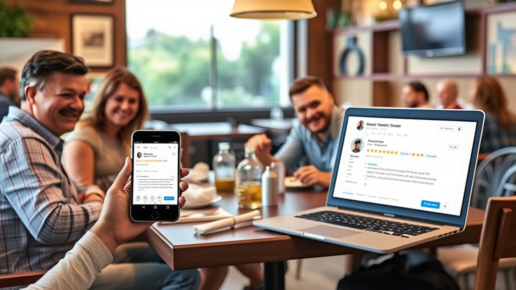 Tisch mit zufriedenen Gästen in einem Restaurant, umgeben von positiven Kundenbewertungen auf einem Smartphone und einem Laptop, die lokale SEO unterstützen.
