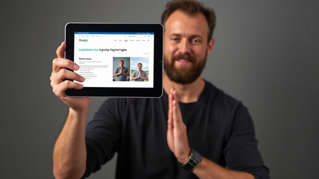 Bild eines Yogalehrers, der eine mobile, für SEO optimierte Webseite auf einem Tablet zeigt, mit grafischen Elementen zur Ladezeit-Optimierung um ihn herum.