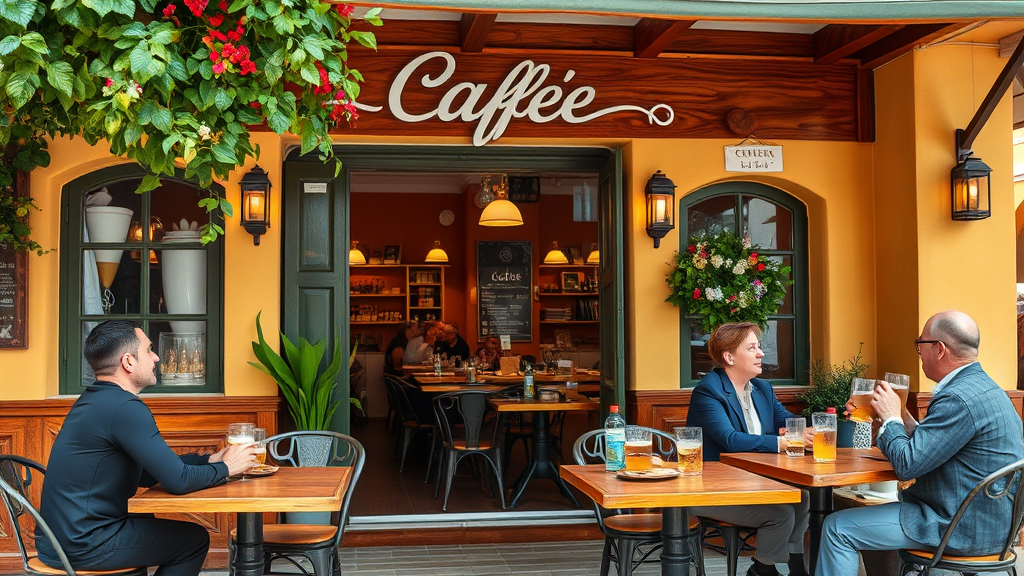 Bild eines einladenden Cafés mit beschilderter Außenterrasse, regionalen Spezialitäten auf der Speisekarte und Kunden, die entspannt Getränke genießen.