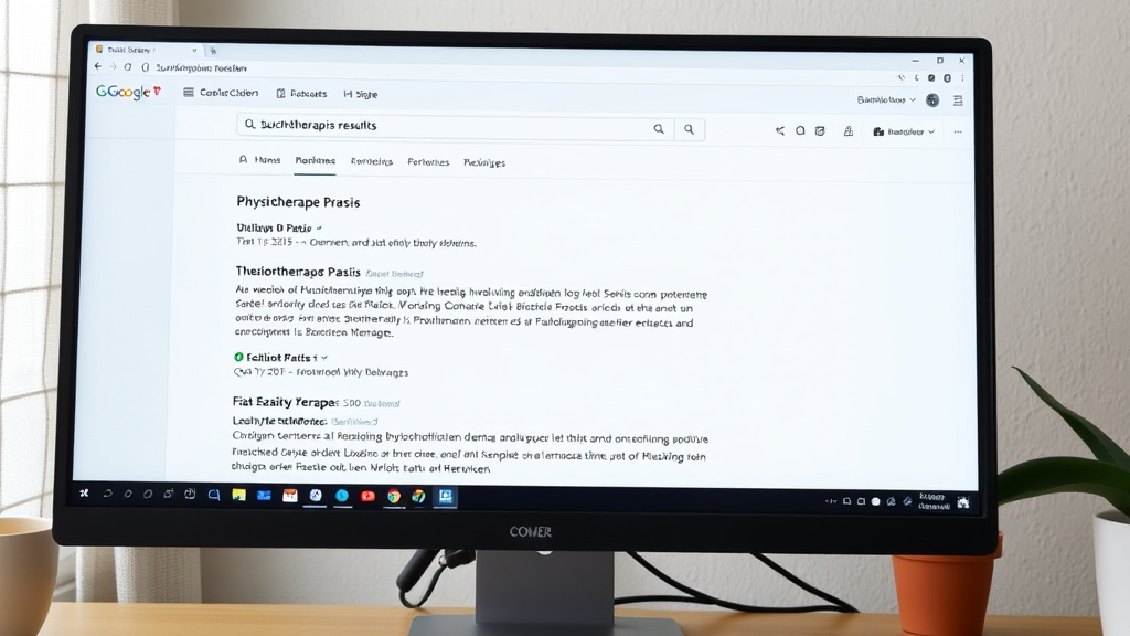 Computerbildschirm mit Suchmaschinenresultaten, der eine Physiotherapie-Praxis anzeigt, umgeben von positiven Bewertungen und lokalen Suchbegriffen.