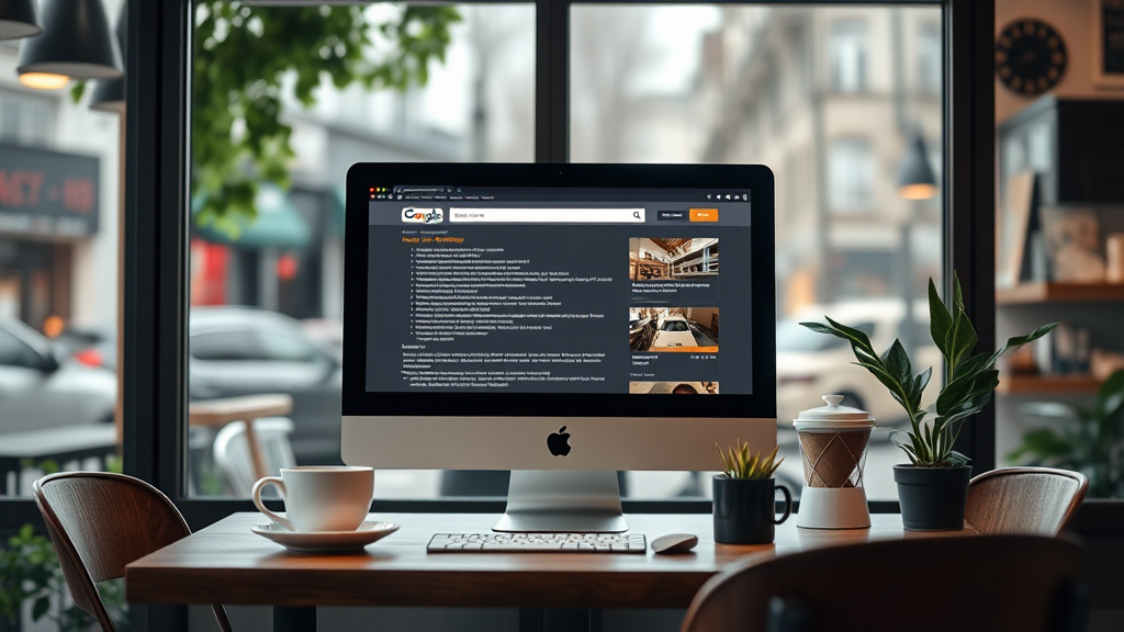 Darstellung eines Cafés mit einem Computerbildschirm, der eine Website mit strukturierten Daten und Schema-Markups zur Suchmaschinenoptimierung zeigt.