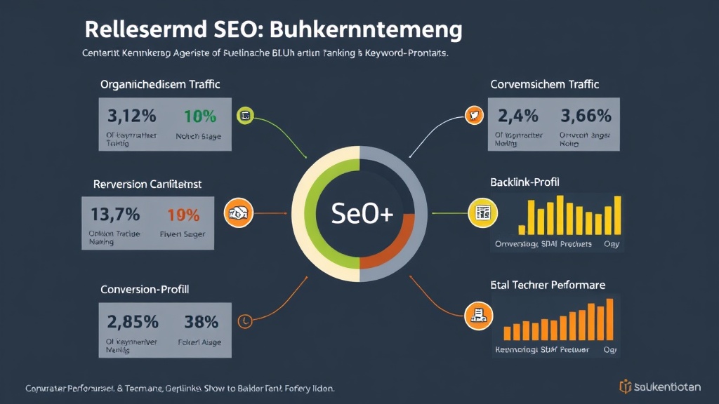 Diagramm oder Infografik mit zentralen SEO-Kennzahlen für Bauunternehmen, einschließlich organischem Traffic, Keyword-Rankings, CTR, Conversion-Rate, Backlink-Profil und technischer Performance.