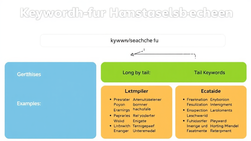 Diagramm zur Keyword-Recherche für Handwerksbetriebe, das Haupt-Keywords, Long-Tail-Keywords und lokale Keywords mit Beispielen zeigt.