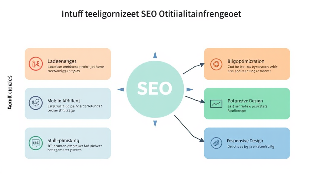 Diagramm zur technischen SEO-Optimierung für Eventagenturen mit Schwerpunkten auf Ladezeiten, mobile Anpassung, Bildoptimierung und responsive Design.