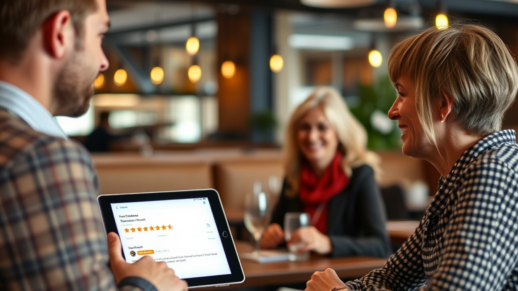 Ein Restaurantmitarbeiter spricht mit Gästen über ihren Besuch, während im Hintergrund positive Bewertungen auf einem Tablet angezeigt werden.