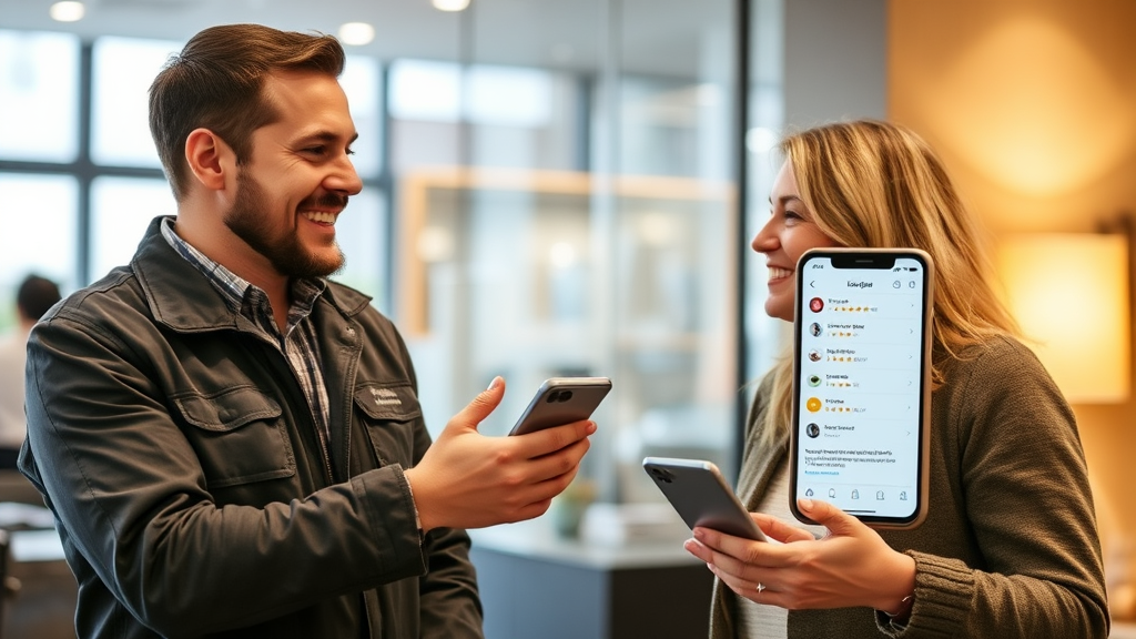 Ein Schlüsseldienst-Mitarbeiter spricht freundlich einen zufriedenen Kunden an, während eine Smartphone-Anwendung zur Abgabe von Bewertungen sichtbar ist.