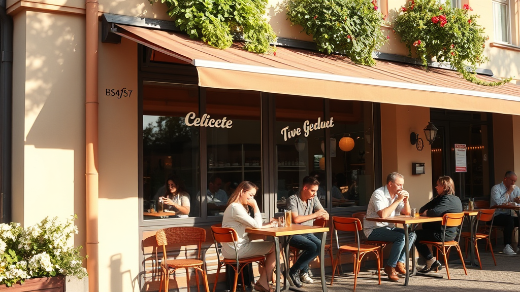 Ein einladendes Café mit Außenbereich, dessen Fassade in der Sonne strahlt, während Kunden gemütlich an Tischen sitzen und ihre Getränke genießen.