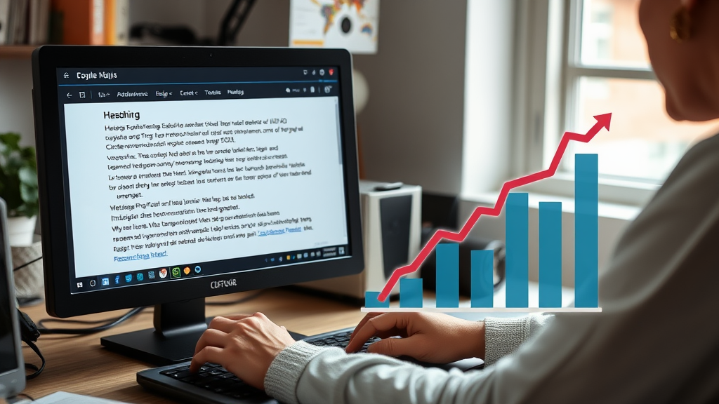 Eine Person erstellt hochwertige Inhalte am Computer, um ihren Handwerksbetrieb zu bewerben, während eine Grafik von Suchmaschinen-Rankings sichtbar ist.