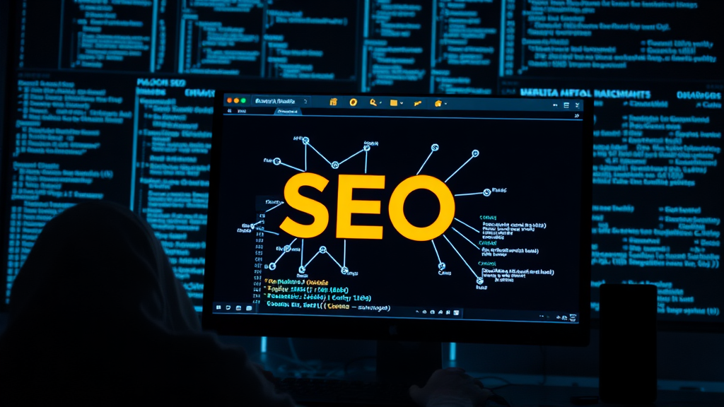 Elektriker, der an einem Computer arbeitet, um eine Website für Suchmaschinenoptimierung (SEO) zu optimieren, während Diagramme und Keywords auf dem Bildschirm angezeigt werden.