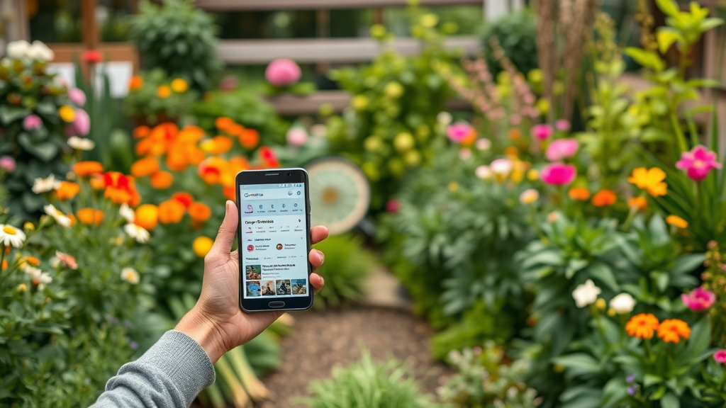 Gärtner bei der Pflege eines lokalen Gartens, umgeben von Blumen und Pflanzen, während er ein Smartphone mit optimiertem Google My Business-Profil in der Hand hält.