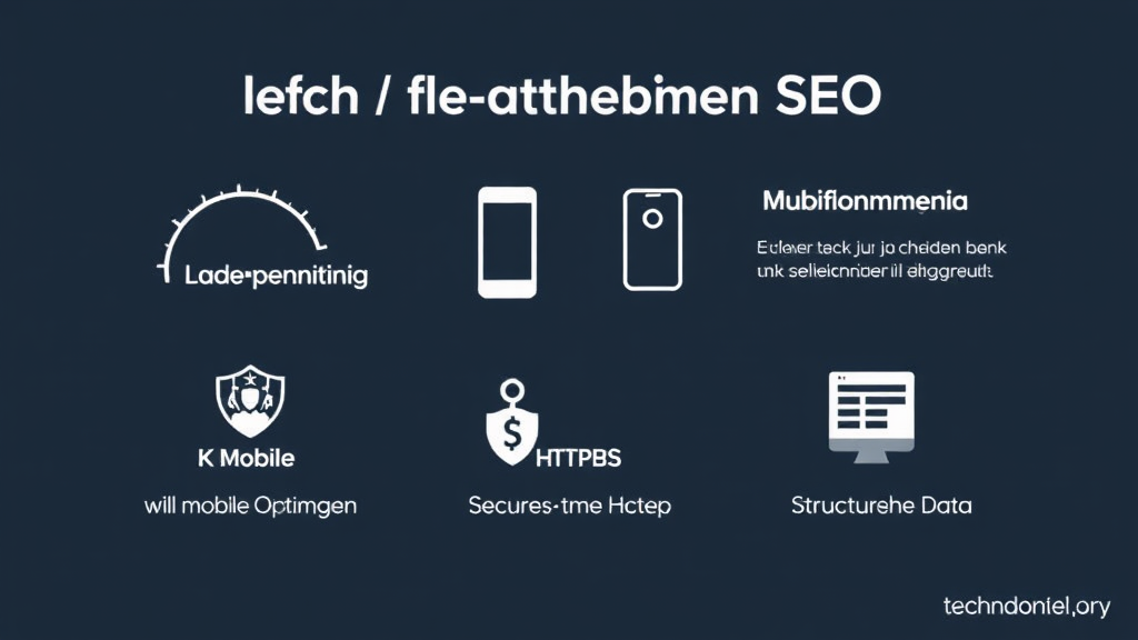 Grafik, die wichtige Aspekte der technischen SEO zeigt: Ladegeschwindigkeit, mobile Optimierung, Sicherheit mit HTTPS und strukturierte Daten.