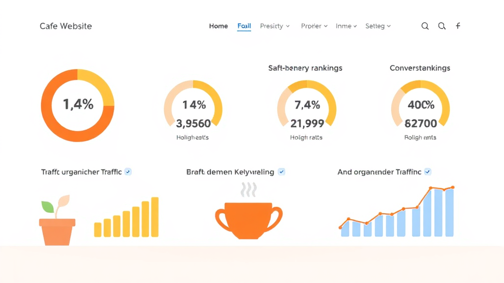 Grafik einer Café-Website mit hervorgehobenen SEO-KPIs wie organischer Traffic, Keyword-Rankings und Conversion-Rate zur Erfolgsmessung.