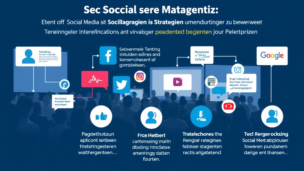 Grafik einer Eventagentur, die Social-Media-Strategien verwendet, um Veranstaltungen zu bewerben, mit Teilnehmerinteraktionen und viralen Beiträgen in verschiedenen Plattformen.