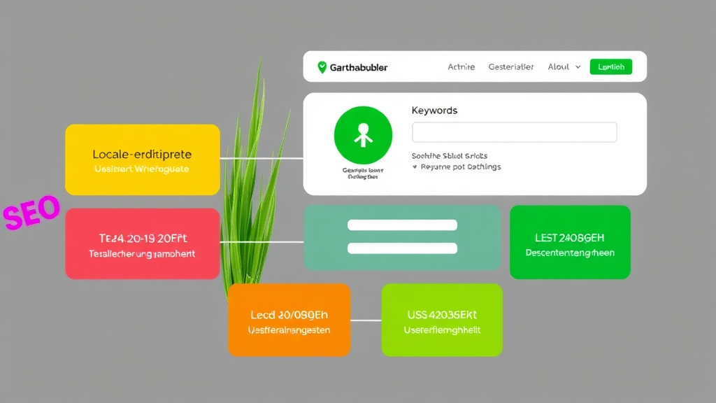 Grafik einer optimierten Website für ein Gartenbauunternehmen, die SEO-Elemente wie Keywords, lokale Suchanfragen und Benutzerfreundlichkeit hervorhebt.
