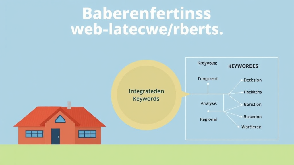 Grafik eines Bauunternehmens mit hervorgehobenen Dienstleistungen, integrierten Keywords, und einem Diagramm zur Keyword-Analyse sowie regionalen Suchbegriffen.