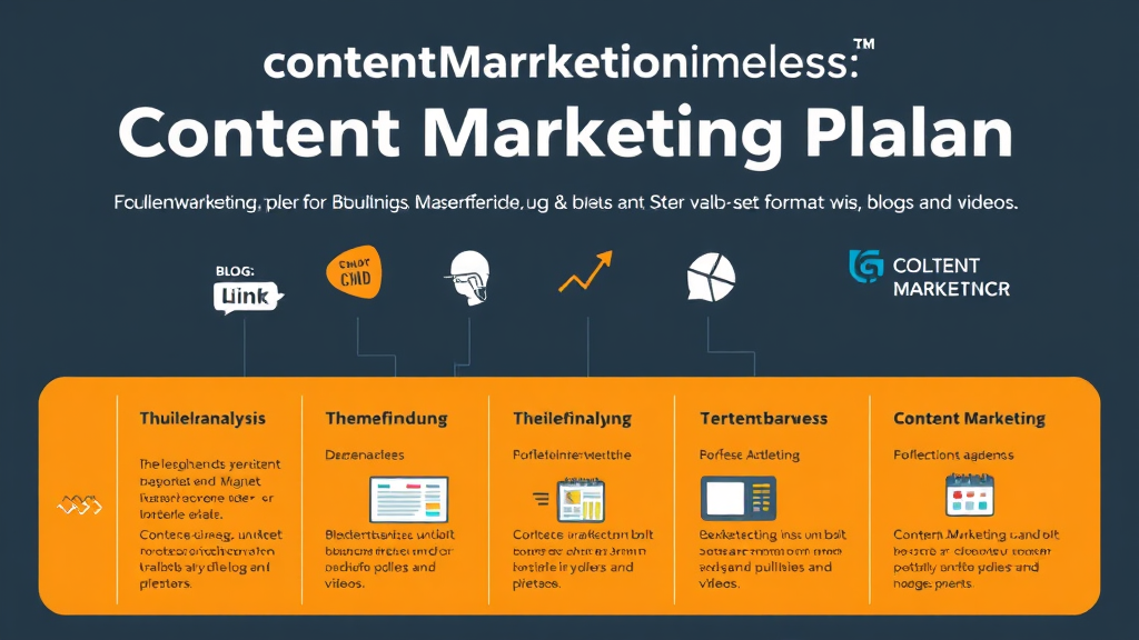 Grafik eines Content-Marketing-Plans für Gebäudeverwalter, einschließlich Zielgruppenanalyse, Themenfindung und Einsatz vielfältiger Formate wie Blogs und Videos.