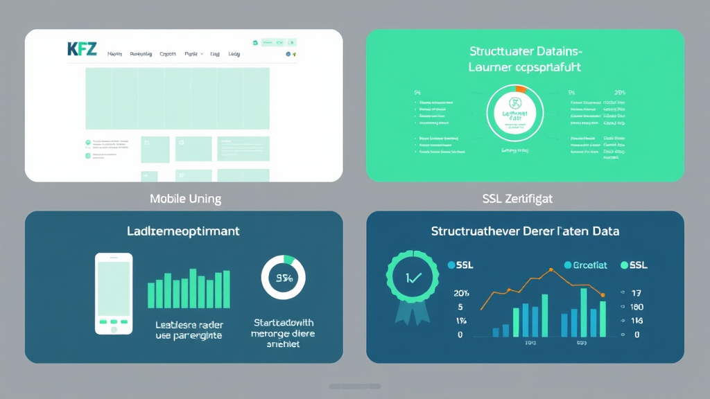 Grafik eines Kfz-Werkstatt-Website-Layouts, das Ladezeitoptimierung, mobile Nutzung, SSL-Zertifikat und strukturierte Daten visualisiert.