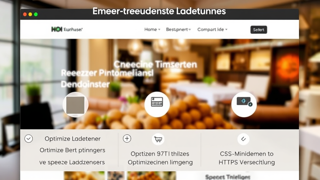 Grafik eines Screenshots einer Restaurant-Website, die schnelle Ladezeiten zeigt, mit visuellen Hinweisen zu optimierten Bildern, CSS-Minimierung und HTTPS-Verschlüsselung.