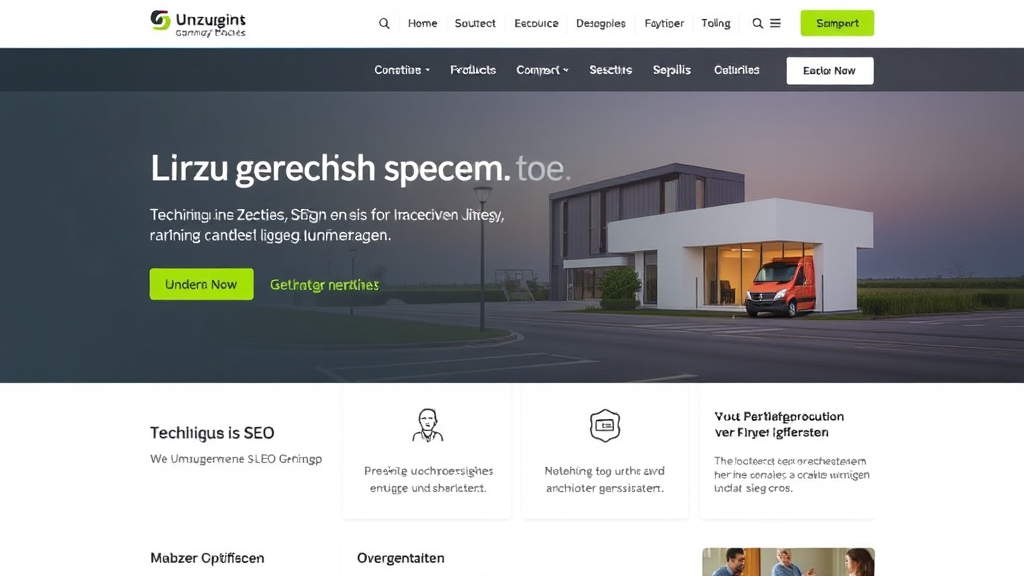 Grafik eines modernen Umzugsunternehmens-Websites mit Fokus auf technische SEO, einschließlich Ladegeschwindigkeit, mobiler Optimierung und benutzerfreundlichen Designelementen.