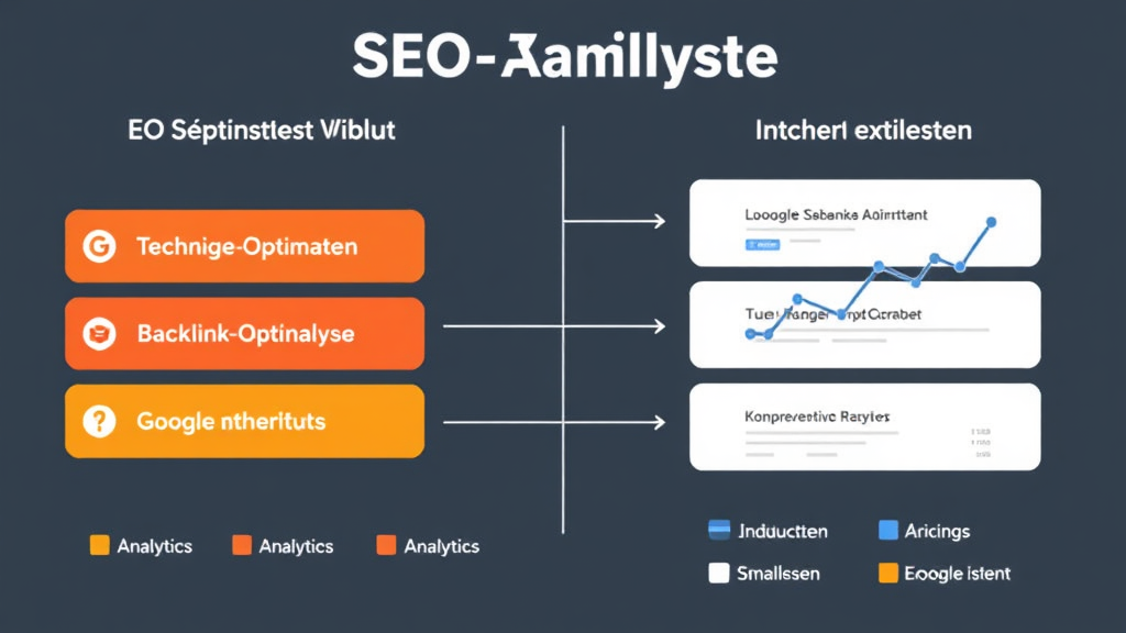 Grafik zur SEO-Analyse für ein Nachhilfeinstitut, die technische Optimierung, Inhaltsbewertung, Backlink-Analyse und Nutzererfahrung darstellt, kombiniert mit Werkzeugen wie Google Analytics.