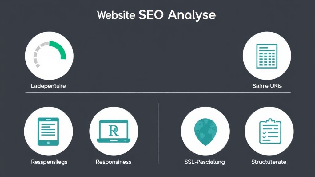 Grafische Darstellung einer Website-SEO-Analyse mit Icons für Ladegeschwindigkeit, mobile Responsiveness, saubere URLs, SSL-Verschlüsselung und strukturierte Daten.