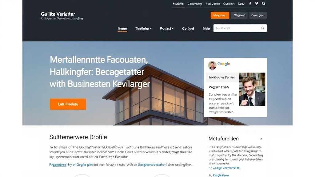 Grafische Darstellung einer Website für Gebäudeverwalter mit hervorgehobenen SEO-Elementen wie Keywords, Meta-Beschreibungen und Google My Business-Profil.