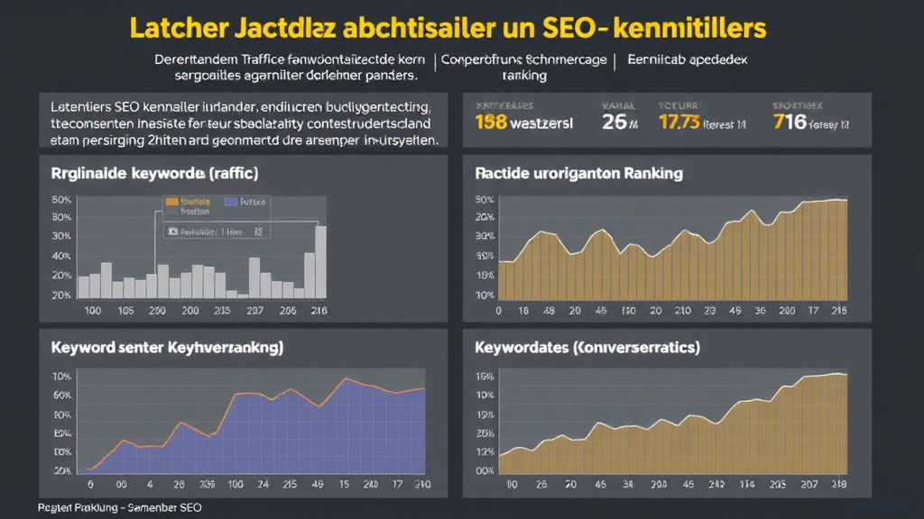 Grafische Darstellung von SEO-Kennzahlen für einen Dachdeckerbetrieb, einschließlich Diagramme zu organischem Traffic, Keyword-Rankings und Konversionsraten.