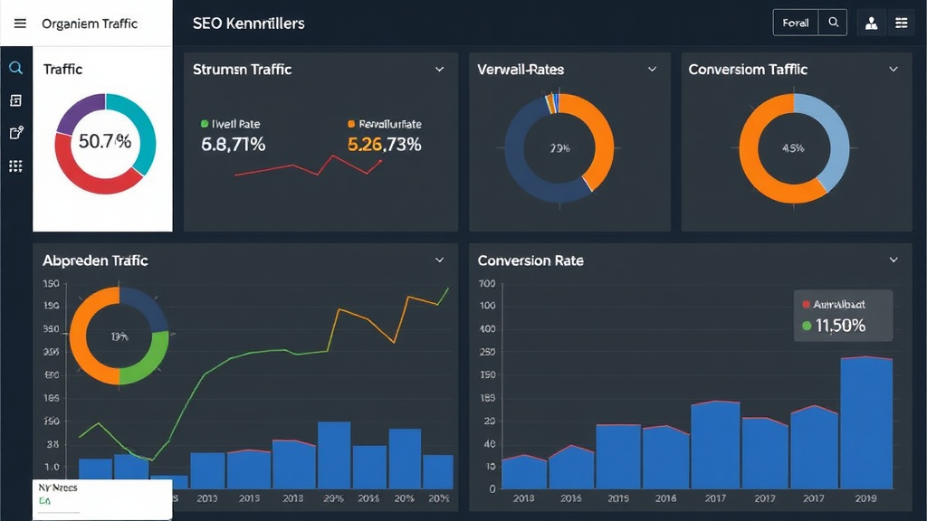 Graphische Darstellung von SEO-Kennzahlen mit Diagrammen zu organischem Traffic, Absprungrate, Verweildauer und Conversion-Rate auf einem Dashboard.
