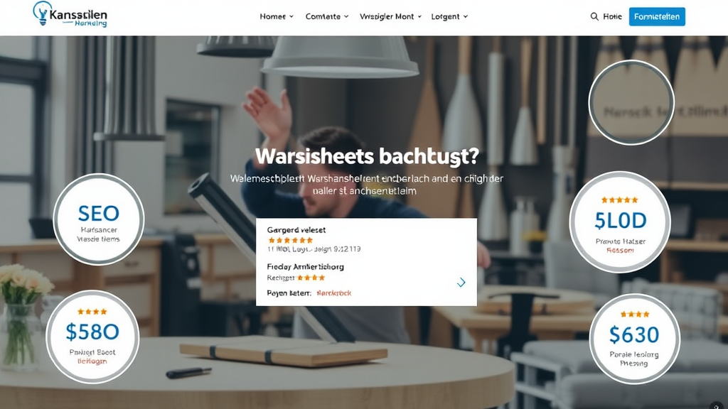 Handwerksbetrieb mit professioneller Website, die hohe Platzierungen bei Suchergebnissen zeigt, umgeben von Symbolen für SEO und Kundenbewertungen.