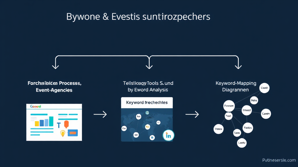 Illustration eines Keyword-Recherche-Prozesses für Eventagenturen mit Grafiken von Zielgruppenanalyse, Keyword-Tools und Keyword-Mapping-Diagrammen.