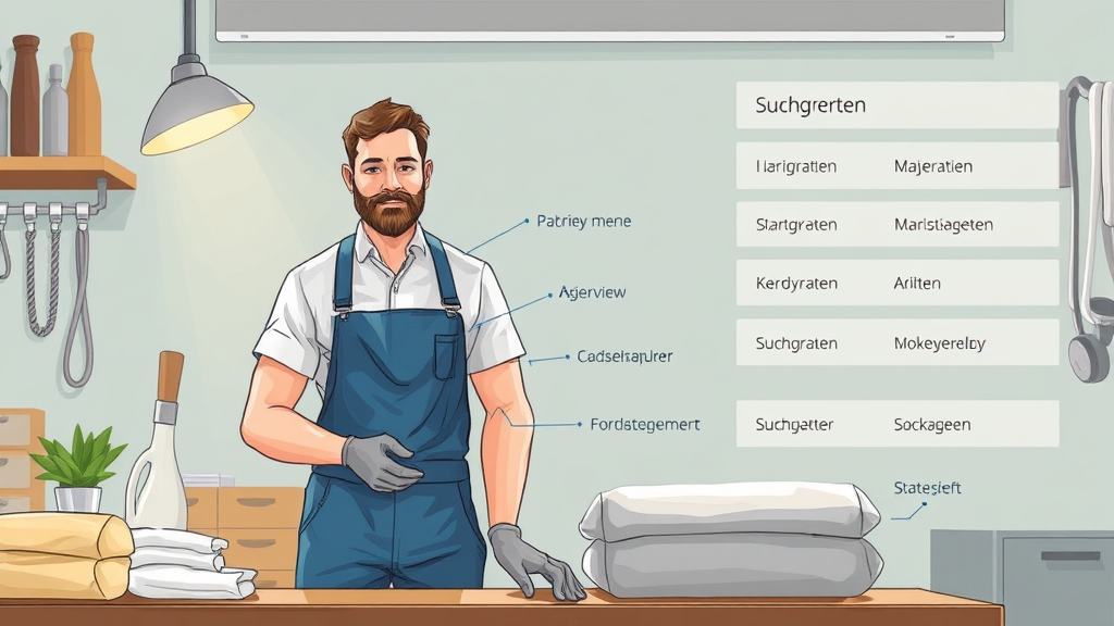 Illustration eines Masseurs bei der Arbeit, kombiniert mit Suchbegriffen und Phrasen zur Keyword-Recherche, die auf einer digitalen Oberfläche angezeigt werden.