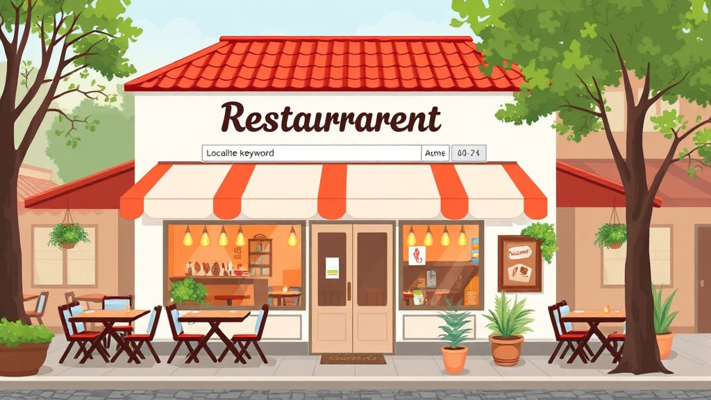 Illustration eines Restaurants mit lokaler Umgebung, das eine Webseite zeigt, auf der lokale Keywords zu finden sind, um Gäste aus der Nähe anzusprechen.
