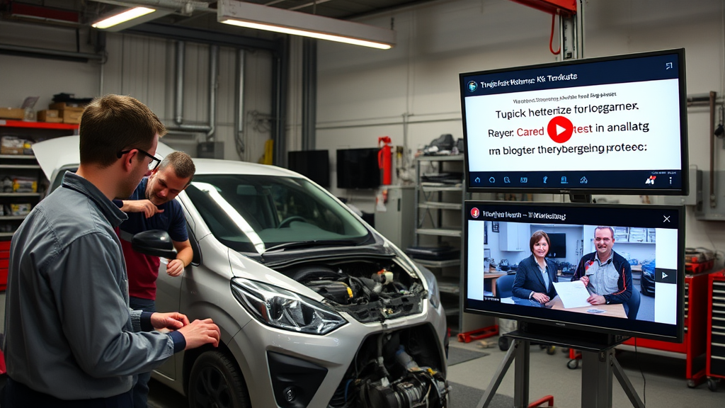 Kfz-Werkstatt mit Mitarbeitern, die an einem Auto arbeiten, während Blogbeiträge und Videos zu Wartung und Reparatur auf einem Bildschirm angezeigt werden.