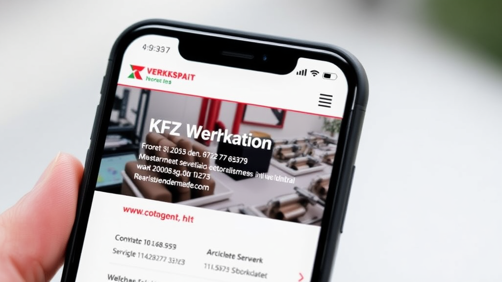 Mobiloptimierte Website für eine Kfz-Werkstatt, angezeigt auf einem Smartphone, mit klaren Kontaktdaten und Serviceinformationen für eine einfache Benutzererfahrung.