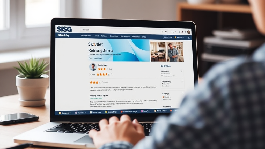 Person am Laptop, die Kundenbewertungen für eine Reinigungsfirma auf einer Webseite analysiert, um SEO-Strategien zu optimieren und Sichtbarkeit zu erhöhen.