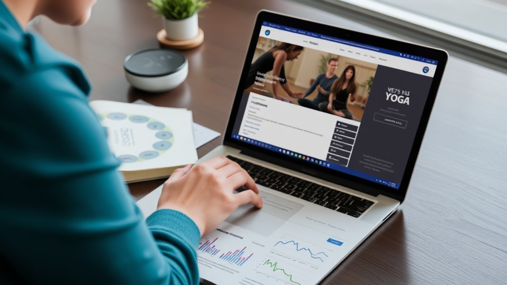 Person bei der Durchführung von Keyword-Recherche für eine Yoga-Website mit Notizen, Laptop und Diagrammen zur Analyse von Suchbegriffen und Trends.