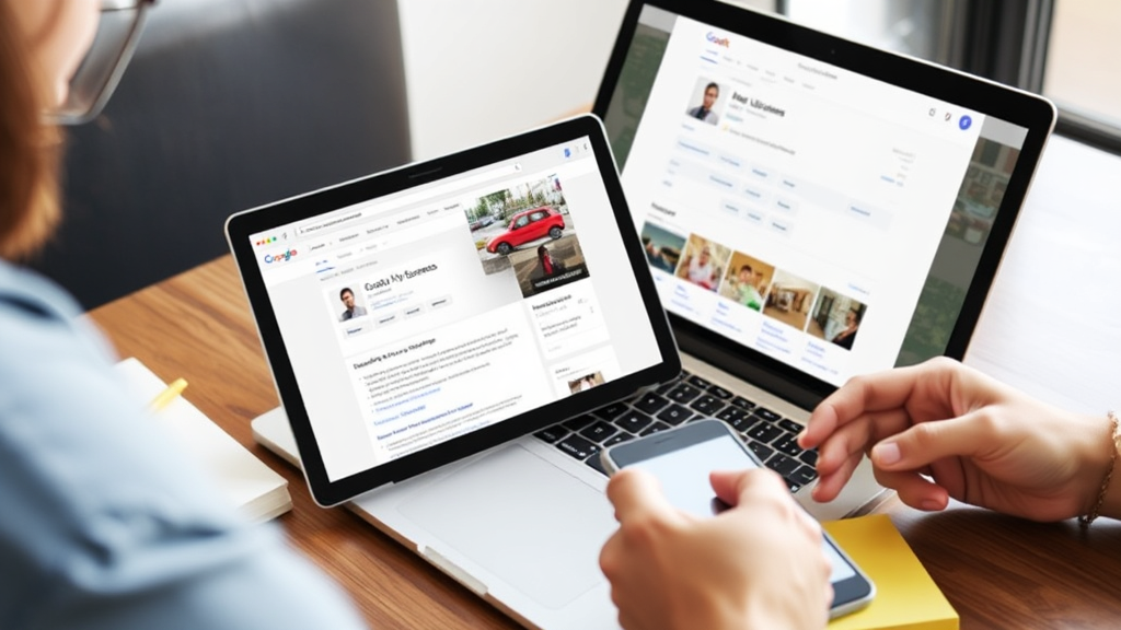 Person, die ein Google My Business-Profil auf einem Laptop optimiert, mit Notizen und einem Smartphone auf dem Tisch, um lokale SEO-Strategien zu visualisieren.