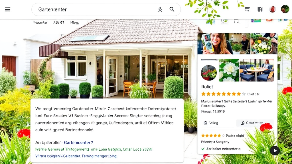 Screenshot eines optimierten Google My Business (GMB)-Eintrags für ein Gartencenter mit vollständigen Unternehmensinformationen, hochwertigen Bildern und Kundenbewertungen.