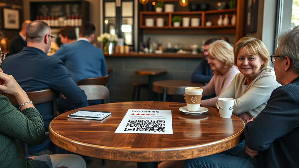 Tisch eines Cafés mit QR-Code, der Gäste zur Bewertungsseite führt, umgeben von Gästen, die ihre Erfahrungen teilen und den Service genießen.