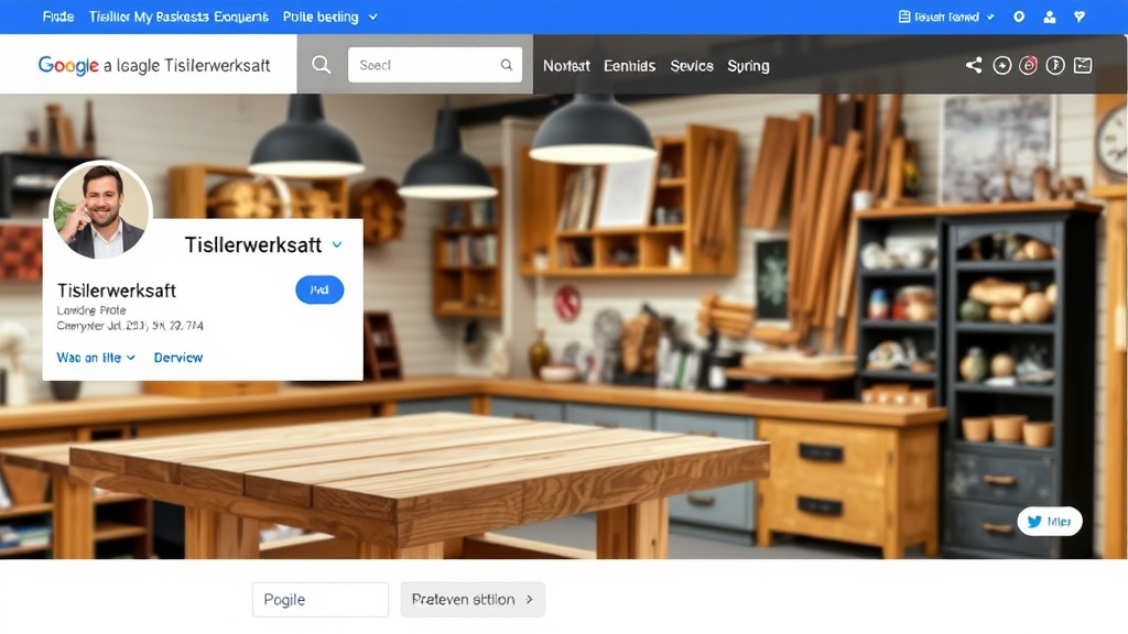 Tischlerwerkstatt mit lokalem Kontext, einschließlich Google My Business-Profil, Website-Optimierung und Mobilanpassung für höhere Sichtbarkeit.