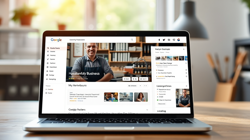Visualisierung eines Handwerksbetriebs mit einem Google My Business-Profil auf einem Laptop-Bildschirm, umgeben von positiven Kundenbewertungen und lokalen Suchergebnissen.