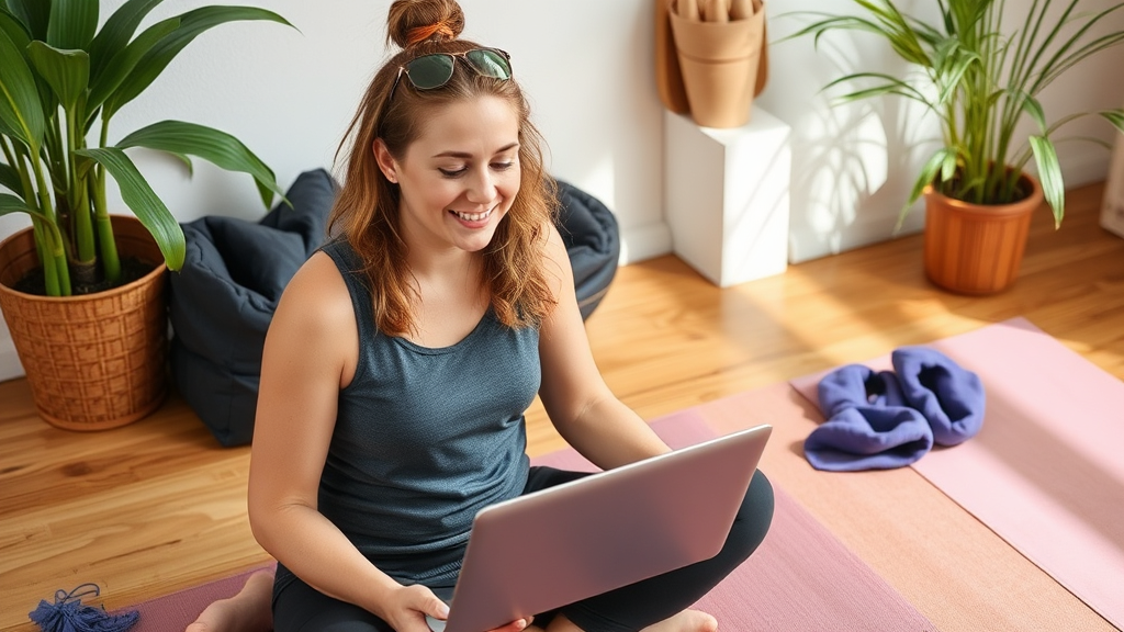 Yogalehrer:in bei der Erstellung eines Blogbeitrags, umgeben von Yoga-Accessoires und Laptop, mit Notizen zu Themen wie Meditation und Ernährung.