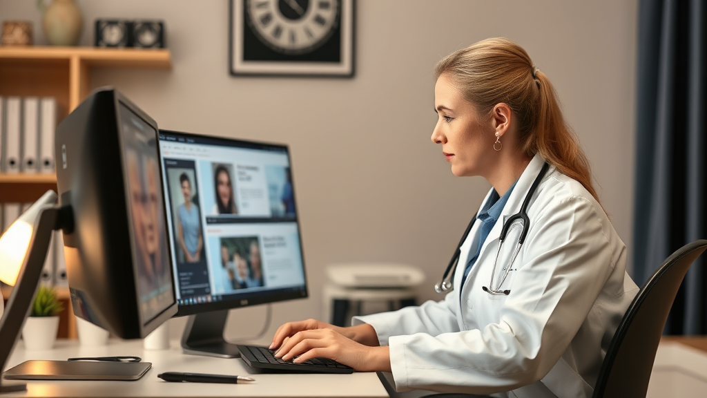 Arzt am Computer, der Blogartikel und Videos zur Gesundheitsaufklärung erstellt, um Patienten zu informieren und ihre Praxis zu fördern.