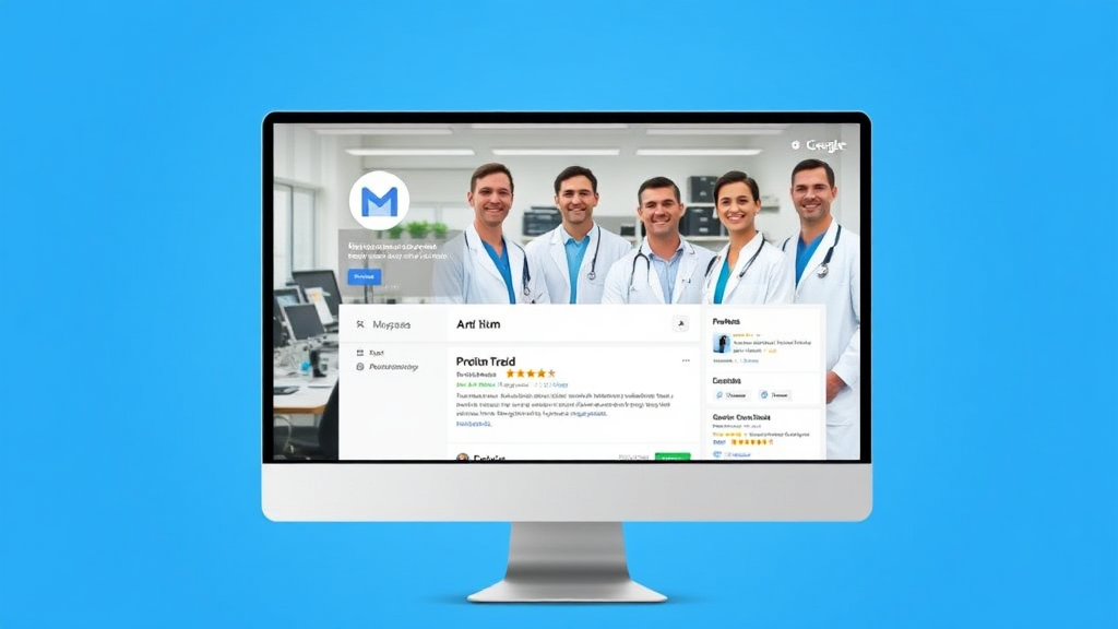 Arztpraxis mit optimiertem Google My Business-Profil, Ärzte im Team und positive Patientenbewertungen auf Computerbildschirm angezeigt.