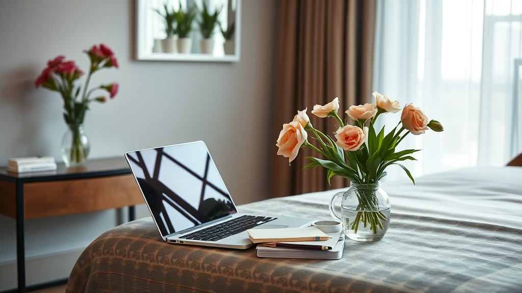 Bild von einem Hotelzimmer mit frischen Blumen, Laptop und Notizblock, das eine inspirierende Arbeitsatmosphäre für die Erstellung von Blogbeiträgen symbolisiert.